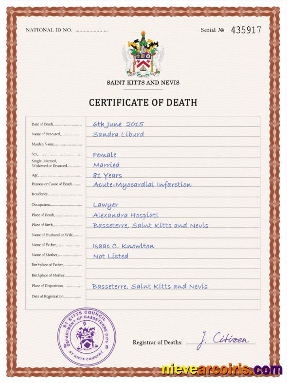 Saint Kitts and Nevis death certificate